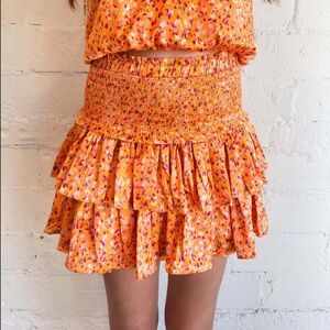 Reset Smocked Tiered Orange Floral Mini Skirt Medium